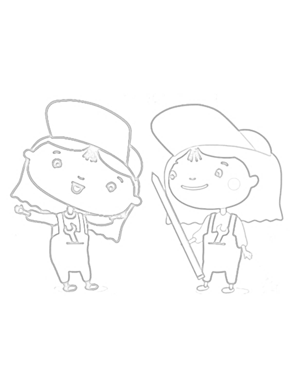 Две девочки в кепках и комбинезонах, одна держит палку