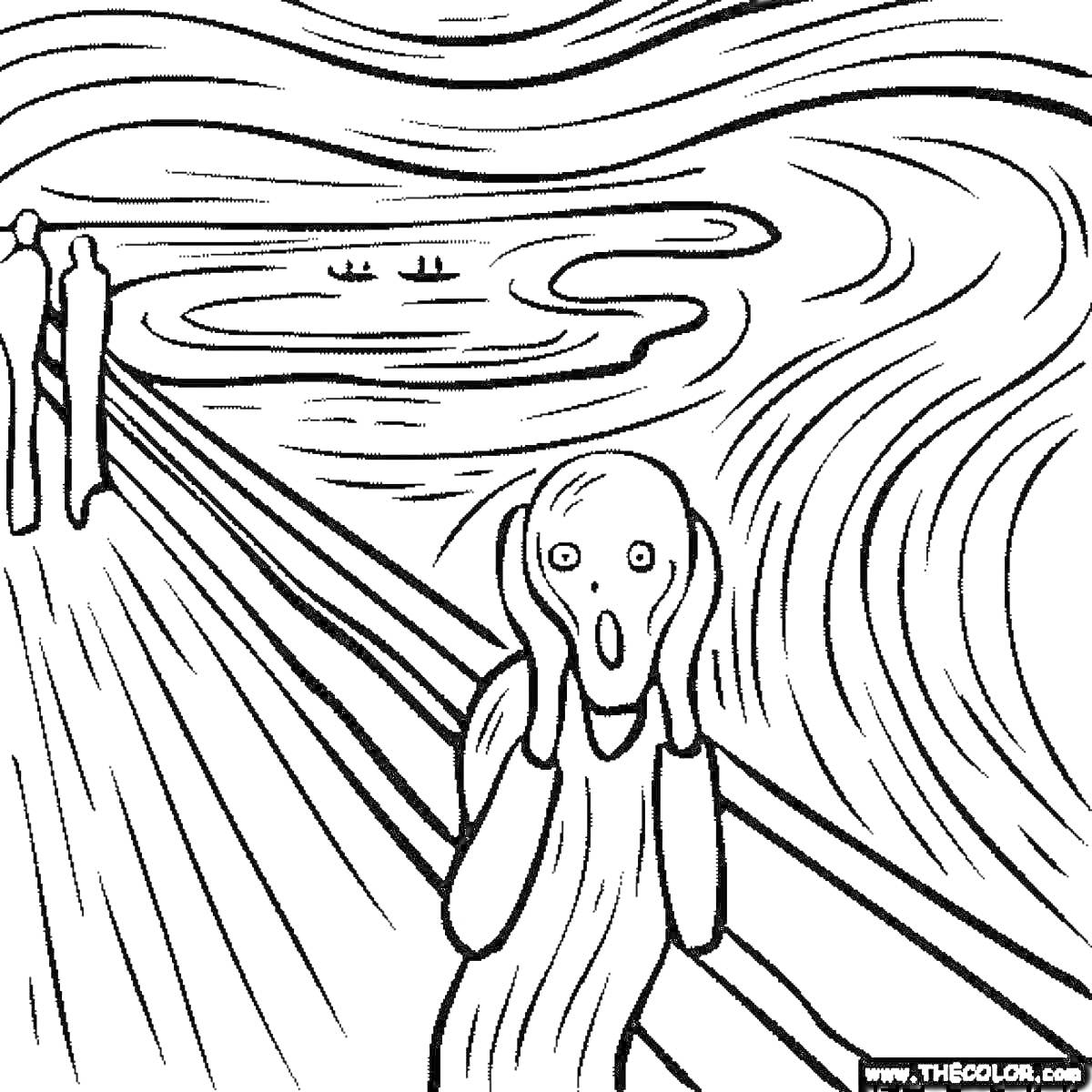 Раскраска Фигура человека, кричащего, стоящего на мосту с руками, поднесенными к лицу, два человека идут вдали, волнообразный фон пейзажа, лодки в воде