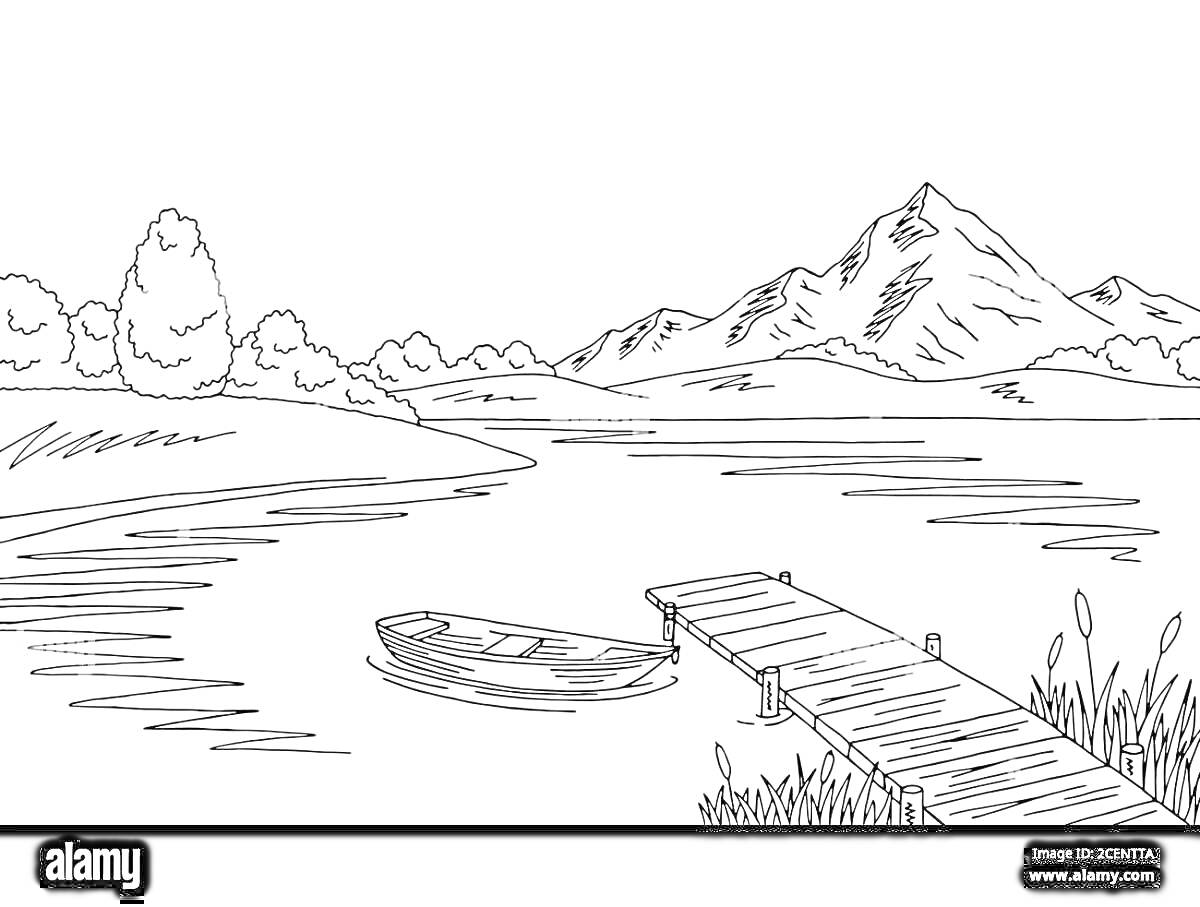 Раскраска Озеро Байкал с лодкой у причала и горами на заднем плане