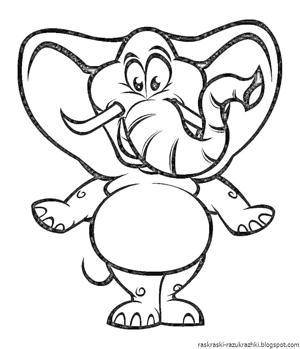 РаскраскаСмешной мультяшный слон с большим животом и взъерошенным хоботом