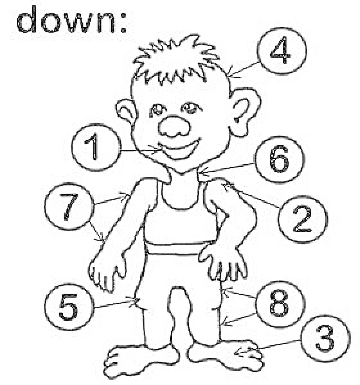 На раскраске изображено: Волосы, Ухо, Голова, Пальцы, Шея, Рука, Нога, Ребёнок