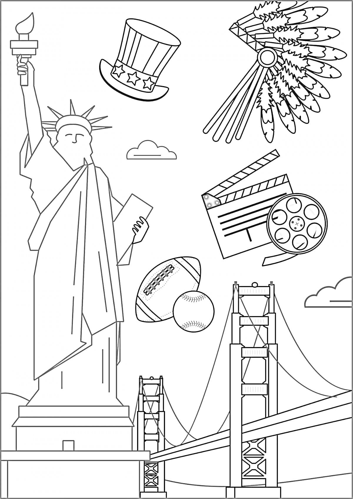 На раскраске изображено: США, Статуя Свободы, Шляпа, Перья, Кинематограф, Хлопушка, Катушка, Футбольный мяч, Бейсбольный мяч, Мост, Золотые ворота