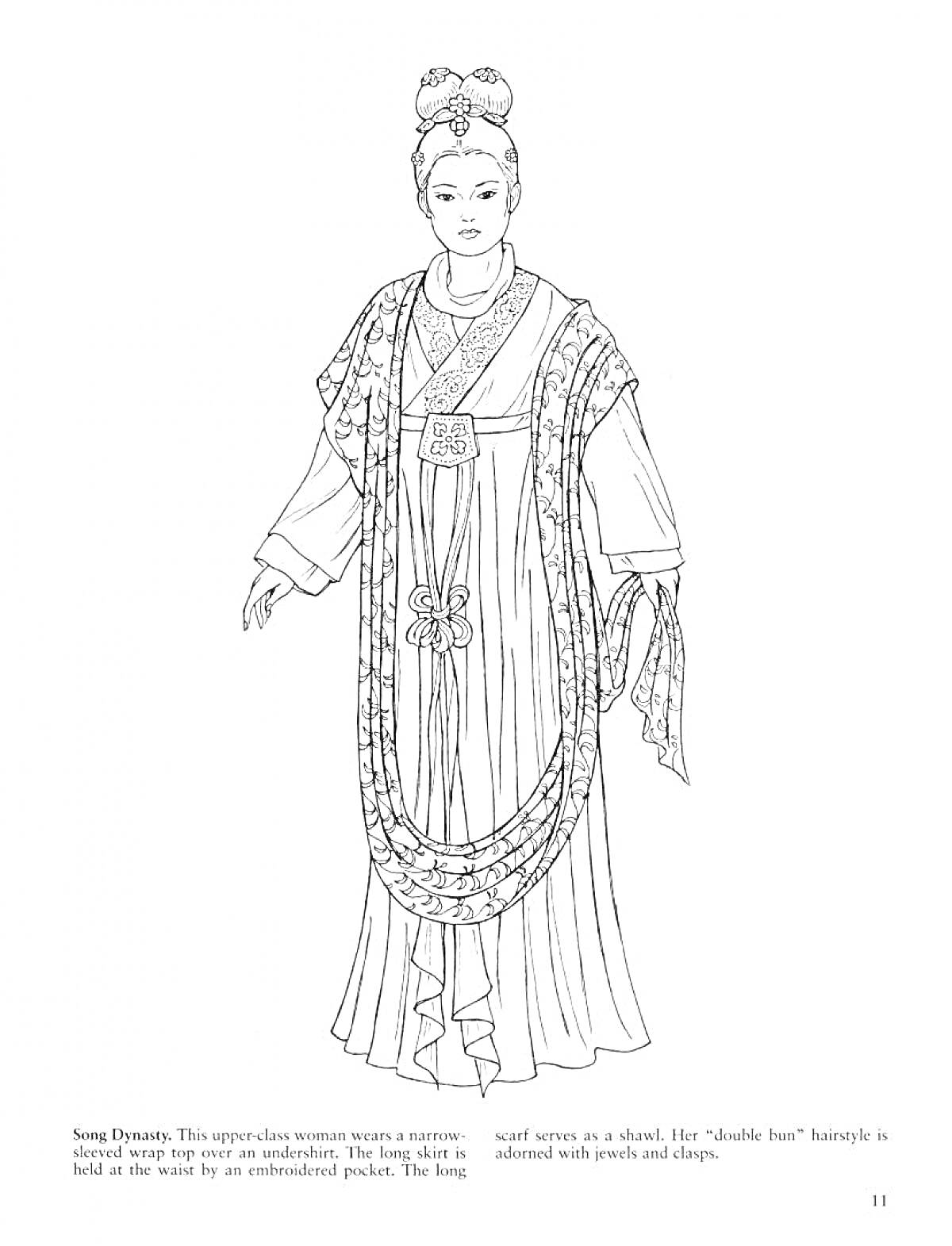 На раскраске изображено: Китайская одежда, Традиционное платье, Вышивка, Узоры, Жемчуг, Кисточки
