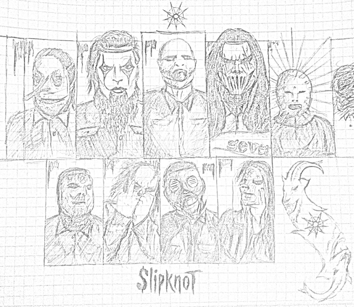 Рисунок с маскарами участников группы Slipknot, логотип группы, звезда, козел, нескольких лиц по средине