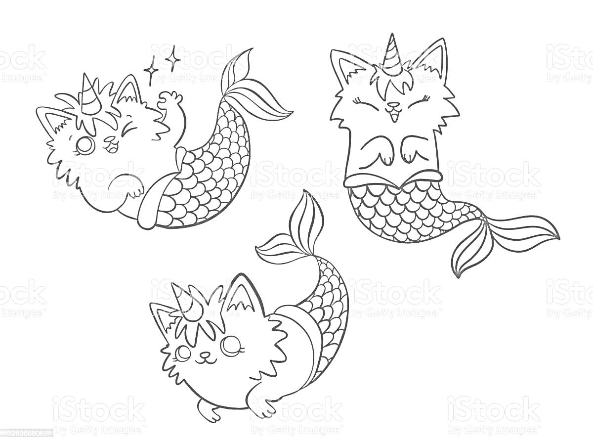На раскраске изображено: Кот, Русалка, Животные, Подводный мир, Сказочные существа