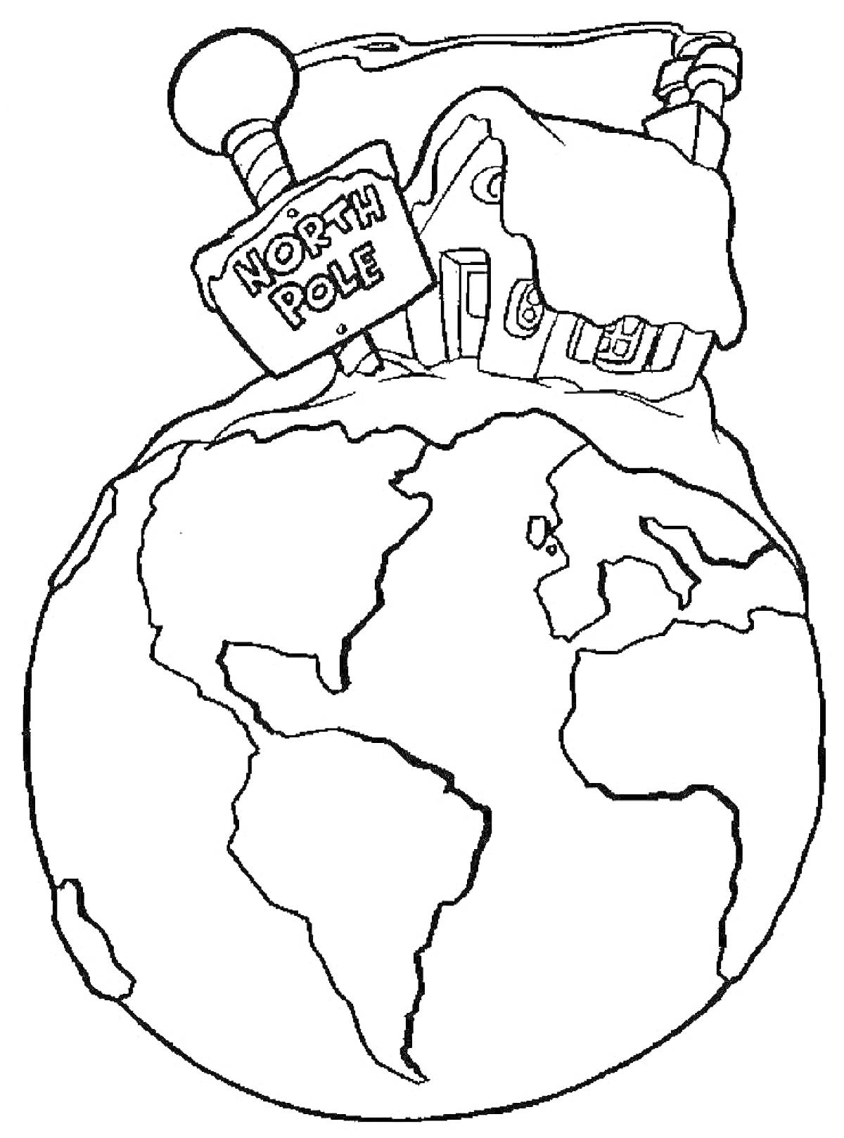 На раскраске изображено: Земля, Континенты, Домик, Снег, Табличка, Глобус