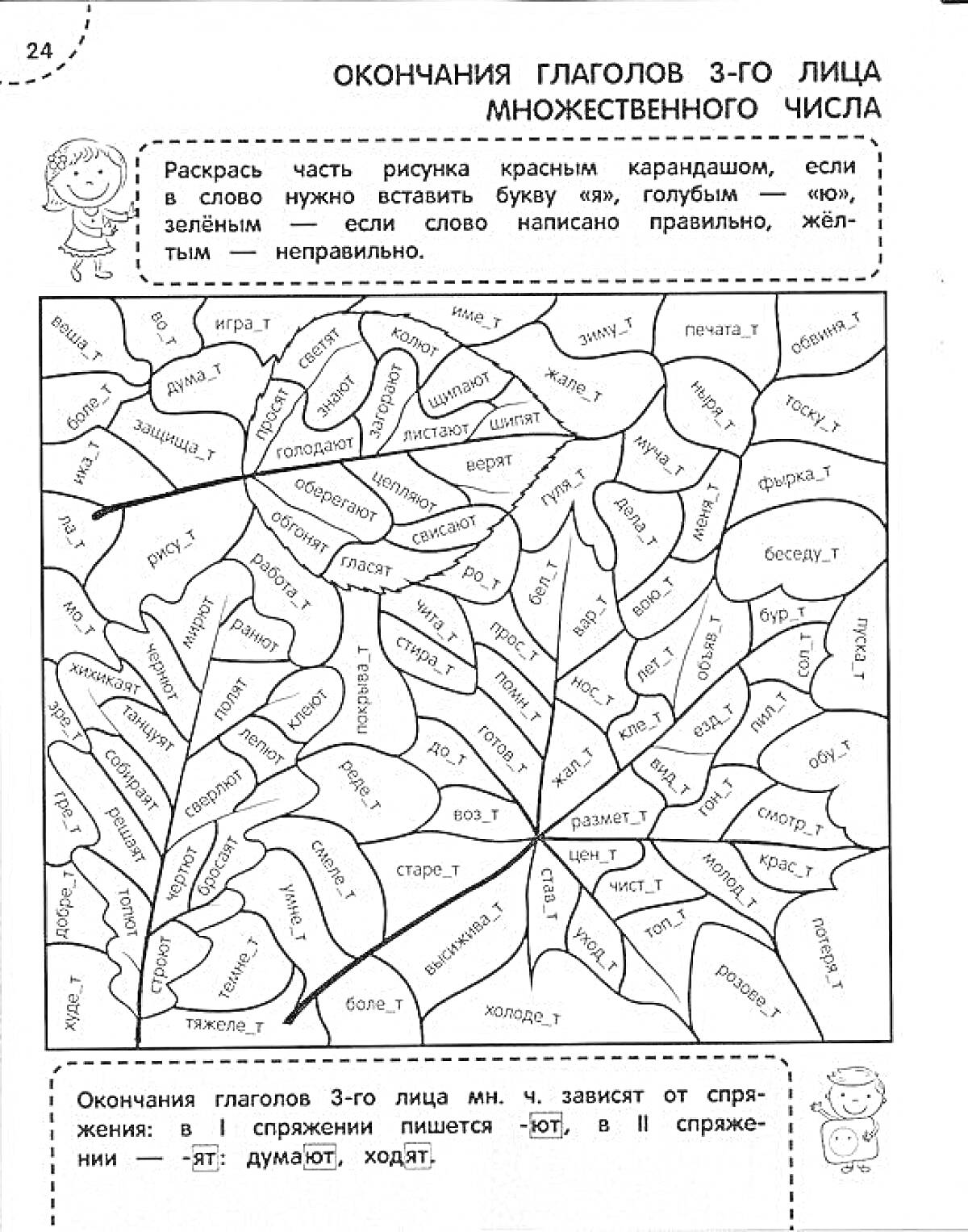 На раскраске изображено: Русский язык, 4 класс, Глаголы, Окончания, Множественное число, Учебное задание