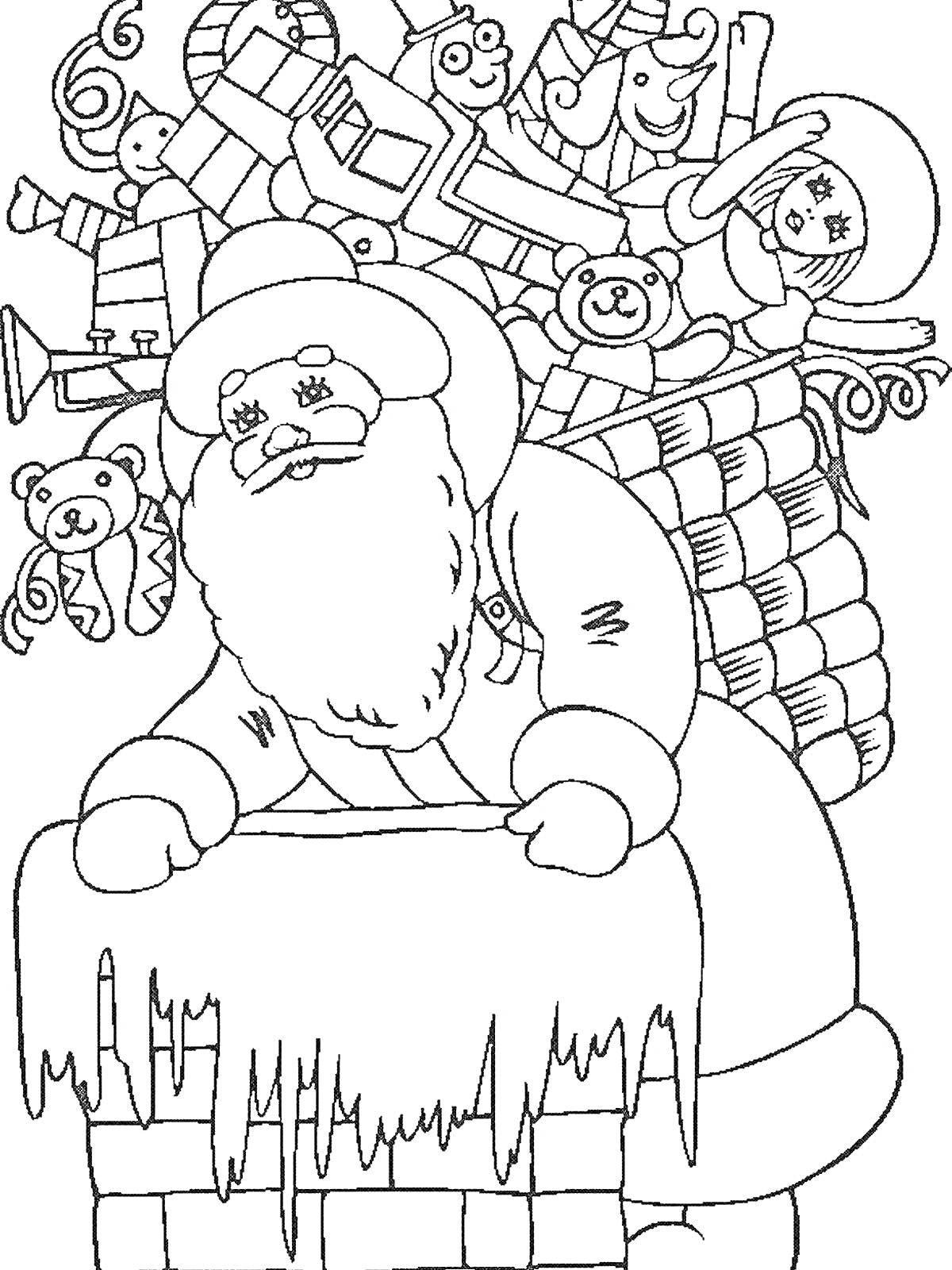 На раскраске изображено: Дед Мороз, Игрушки, Робот, Плюшевый медведь, Кукла, Зима, Новый год, Рождество, Подарки, Самолеты
