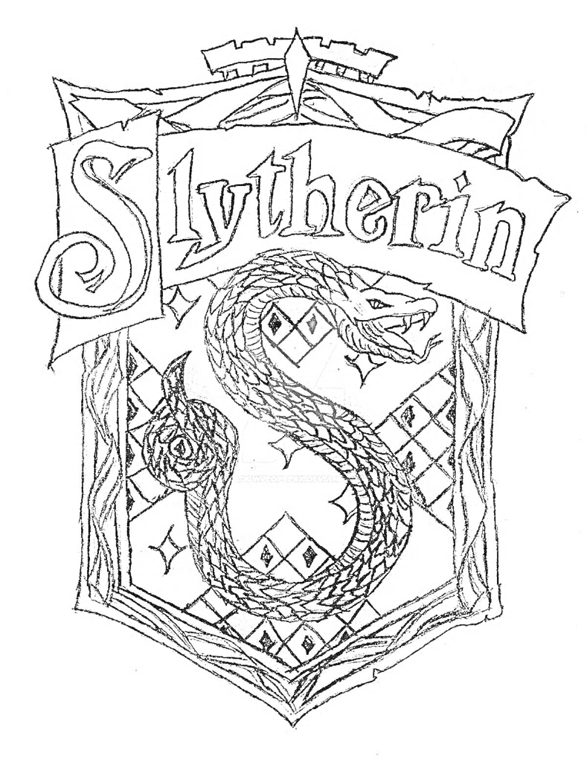 На раскраске изображено: Слизерин, Гарри Поттер, Буква S, Магия, Хогвартс
