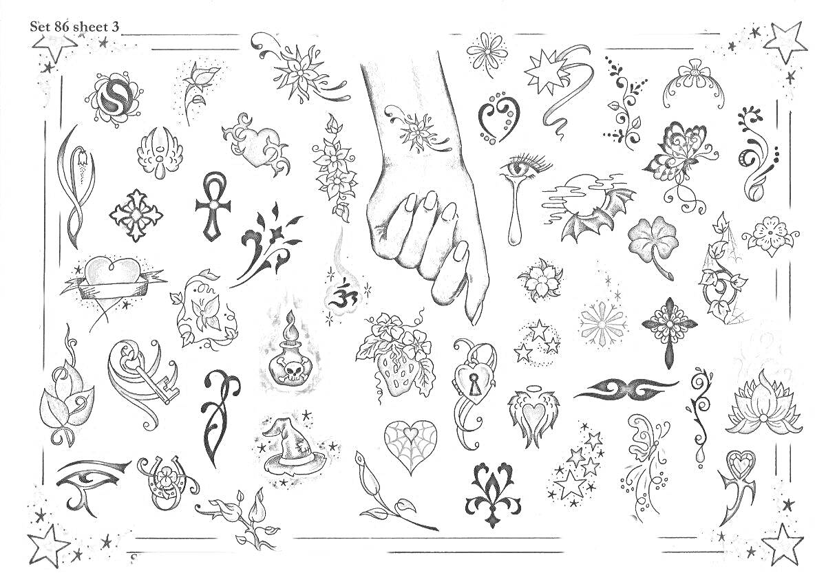 На раскраске изображено: Татуировки, Розы, Цветы, Звезды, Сердца, Египетские символы, Ящерицы, Советы