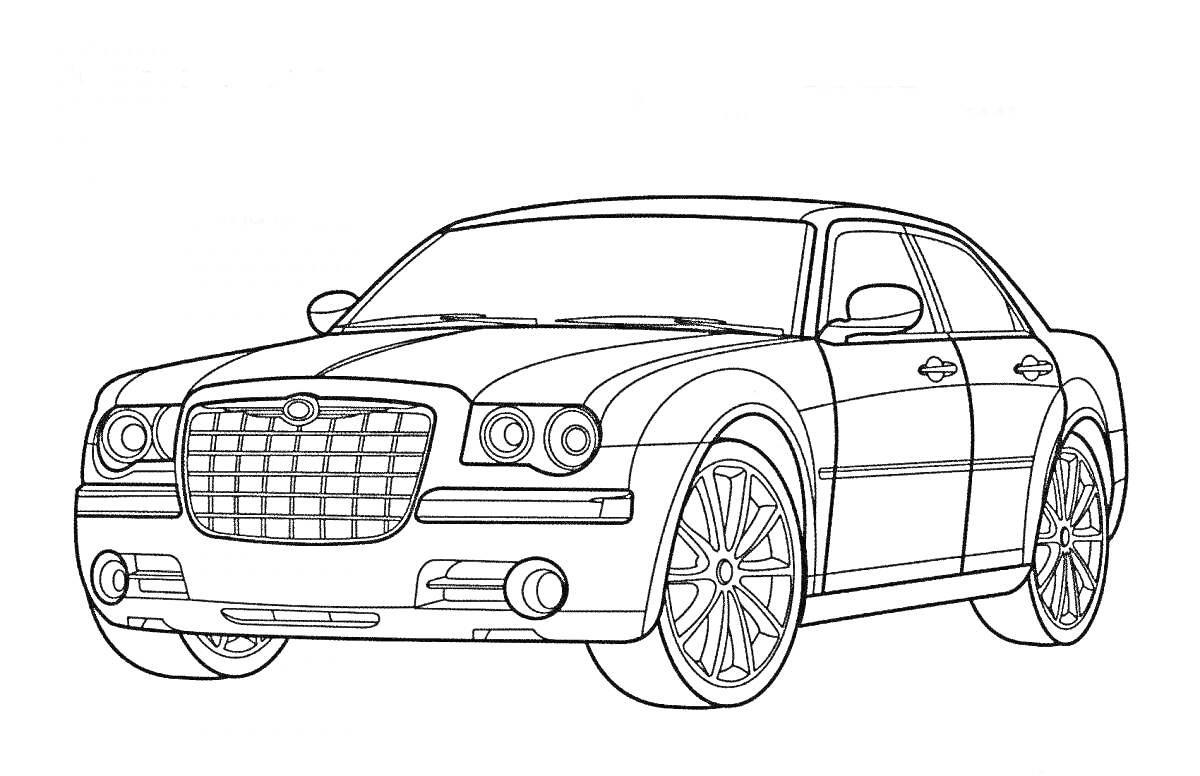 Раскраска Рисунок автомобиля с крупной решеткой радиатора, фарами, колёсами со спицами и боковыми зеркалами