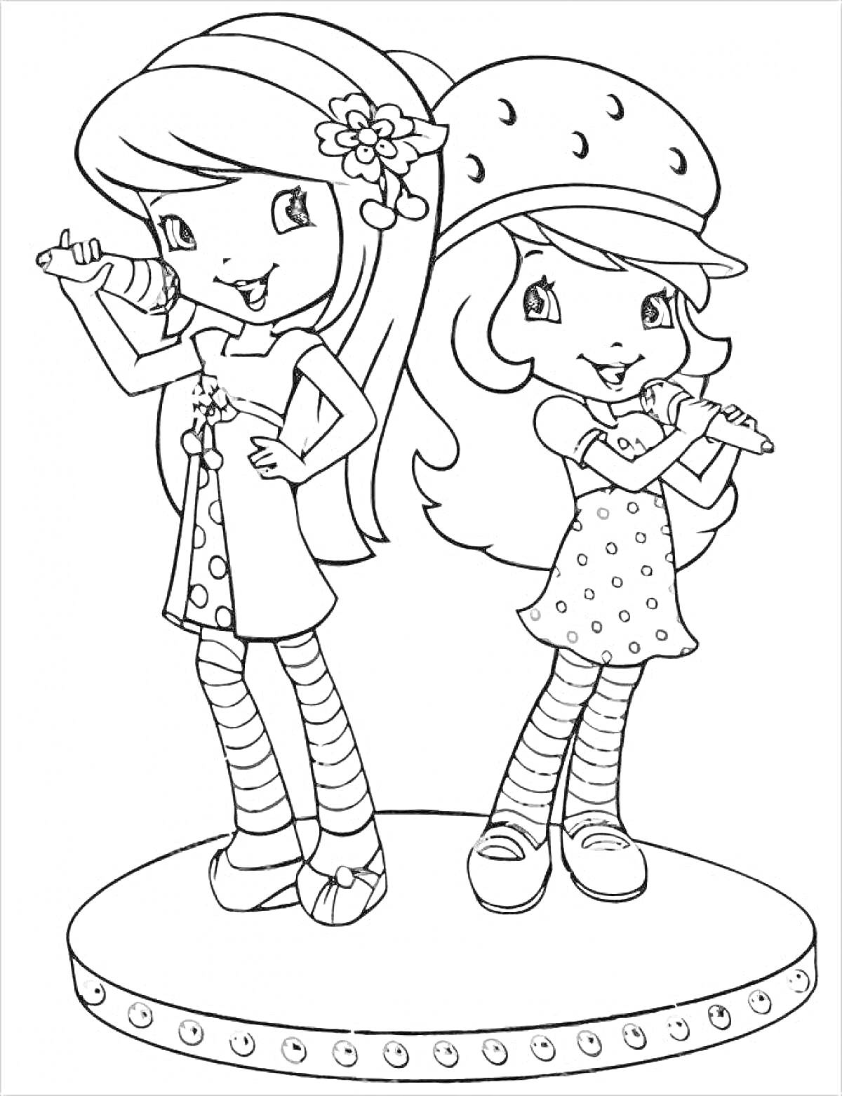 Раскраска две девочки с микрофонами на сцене, клубничка на головном уборе