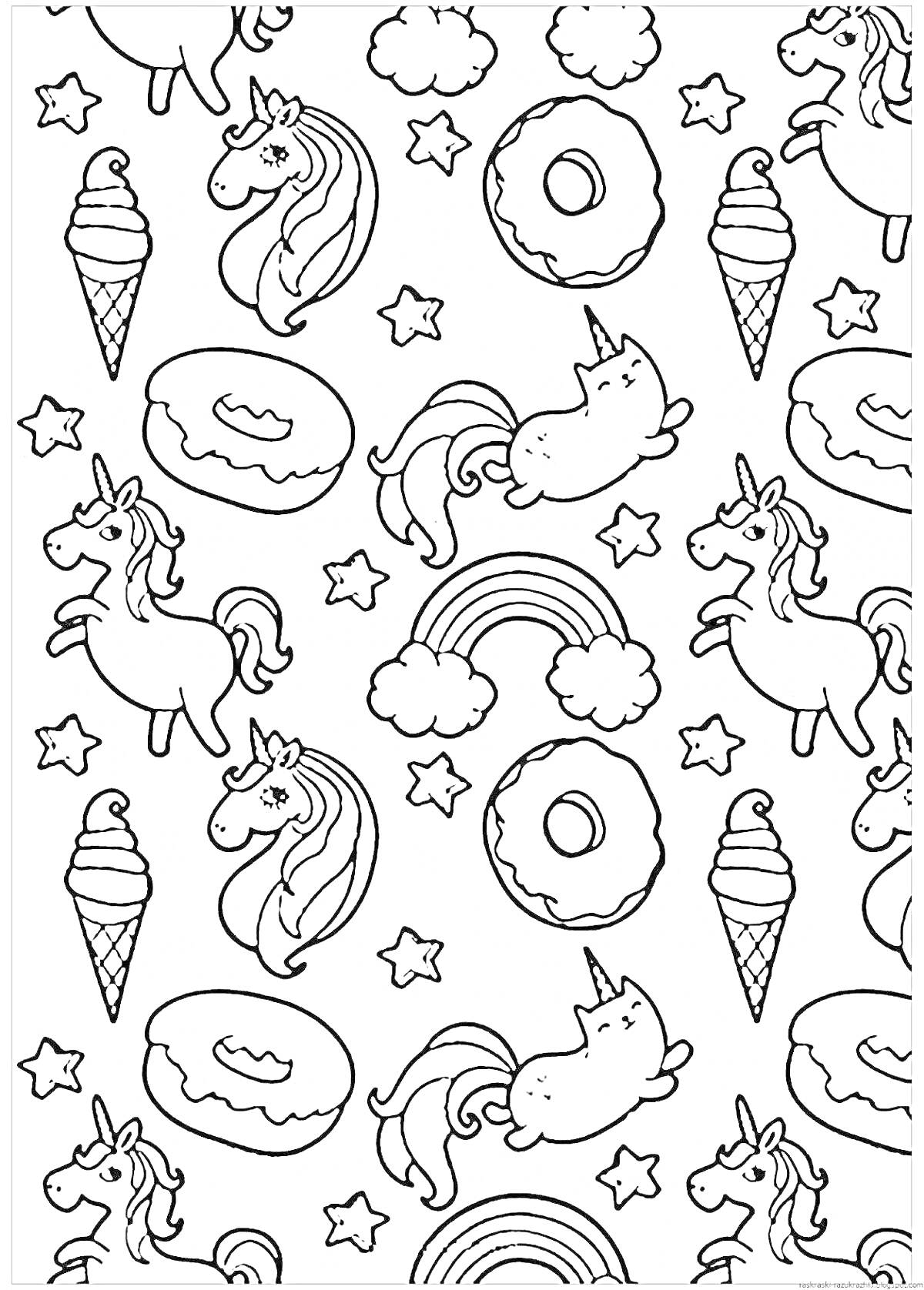 На раскраске изображено: Единороги, Мороженое, Пони, Радуги, Облака, Звезды, Кот