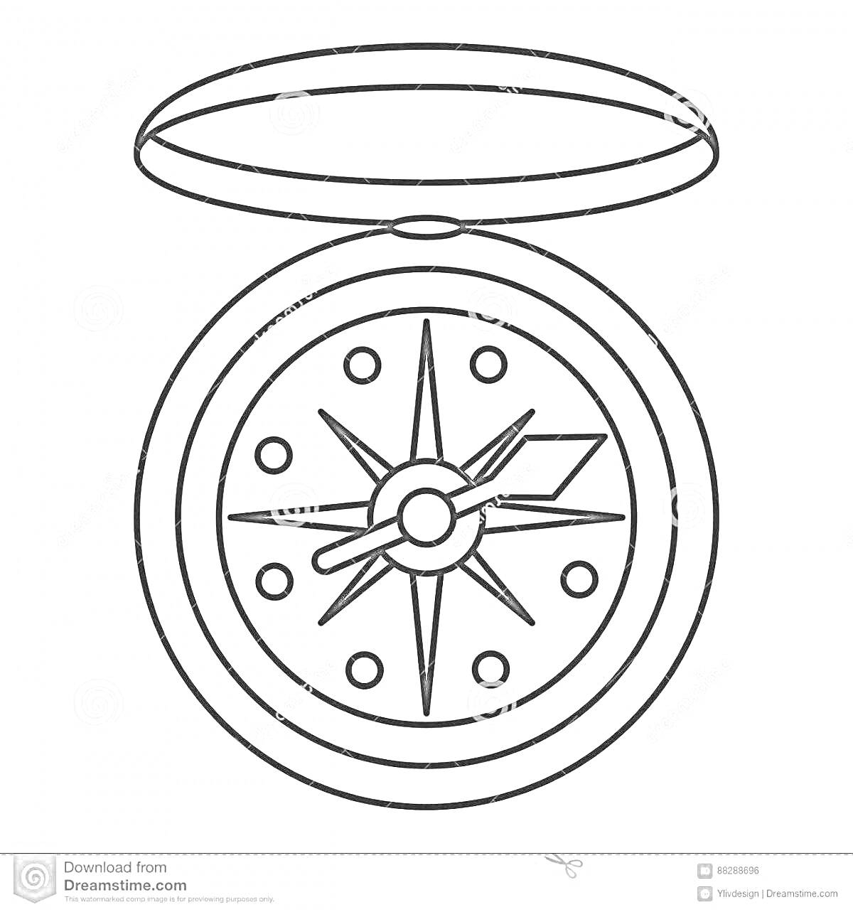 На раскраске изображено: Компас, Крышка, Стрелки, Шкала, Для детей, Навигация
