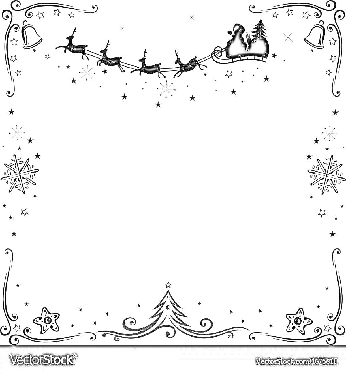 На раскраске изображено: Новогодняя рамка, Сани, Снежинки, Звезды, Рождество, Новый год