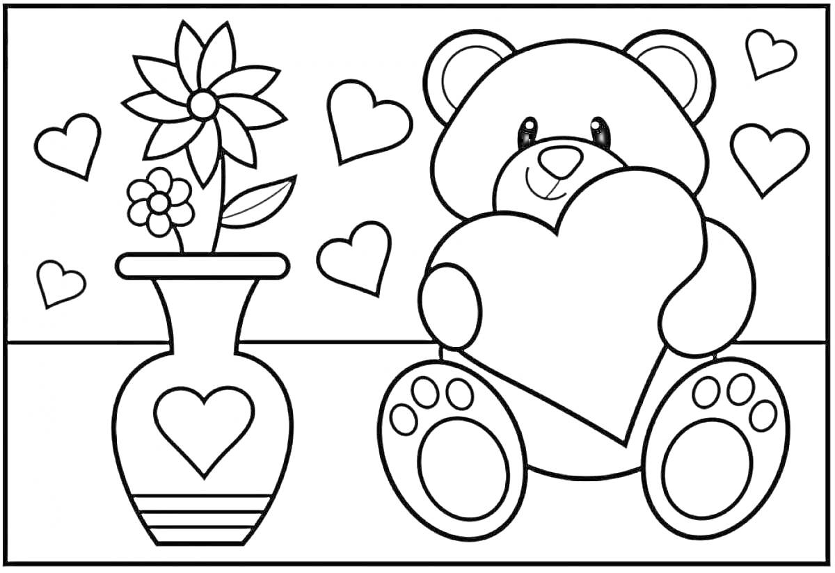 Раскраска Мишка с сердцем и вазой с цветами, сердечки вокруг