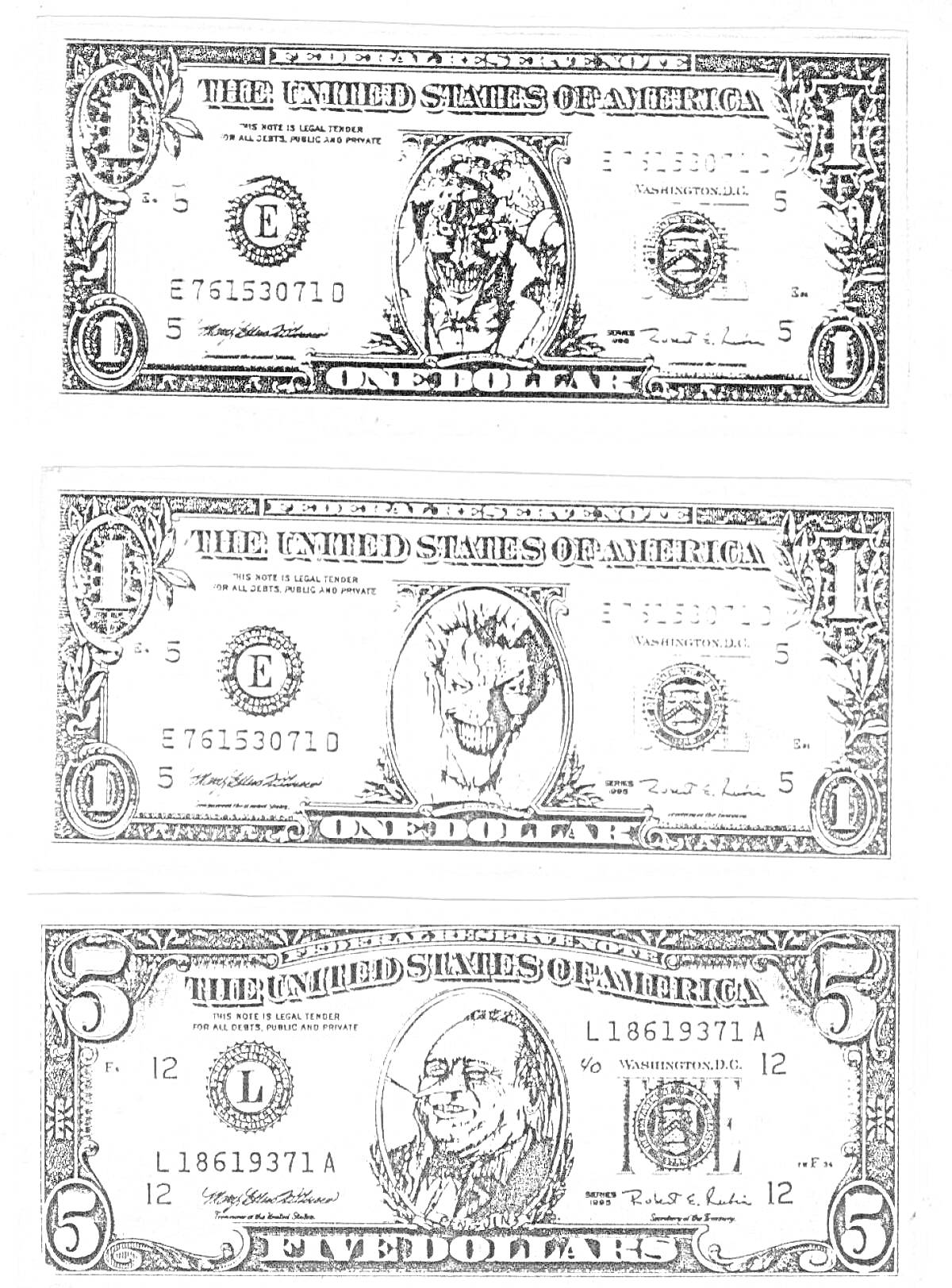 Раскраска Раскраска с изображением однодолларовых и пятидолларовой купюры США с портретами и символами