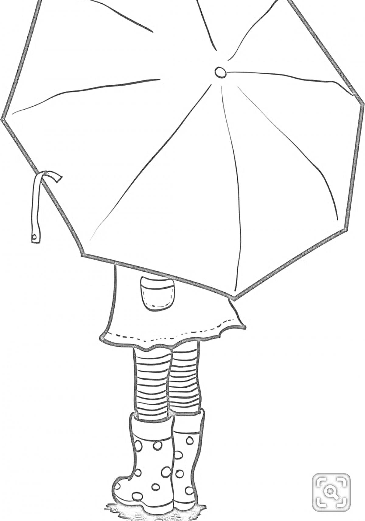 Раскраска Девочка с зонтиком, полосатые чулки и резиновые сапоги с узором