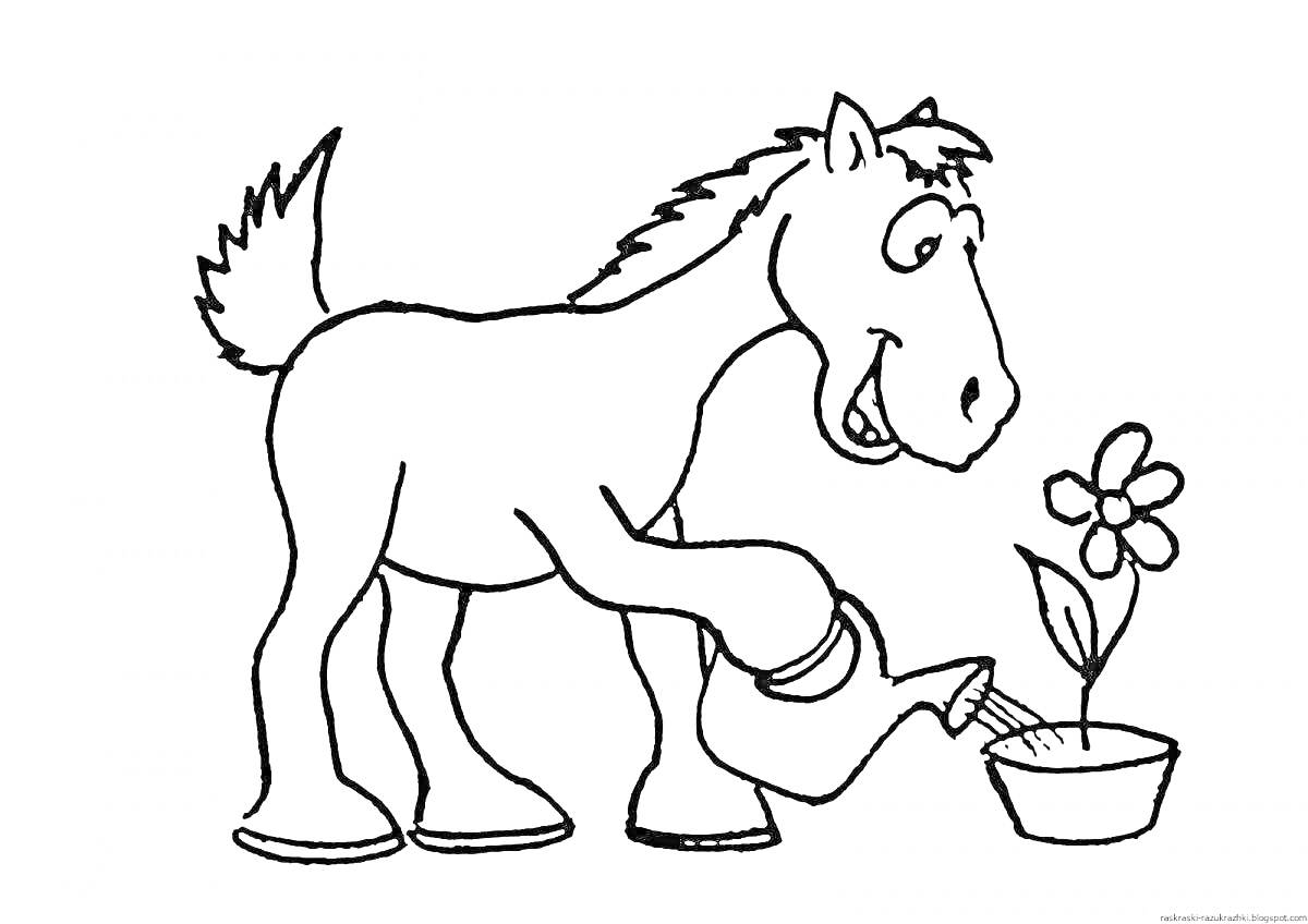 На раскраске изображено: Лошадь, Лейка, Животные, Природа, Садоводство, Для детей, Цветы, Растения