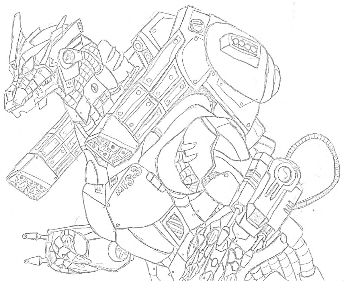 Раскраска Робот-Годзилла с механоидным телом, механической дракоголовой, бронированными деталями и кабелем.