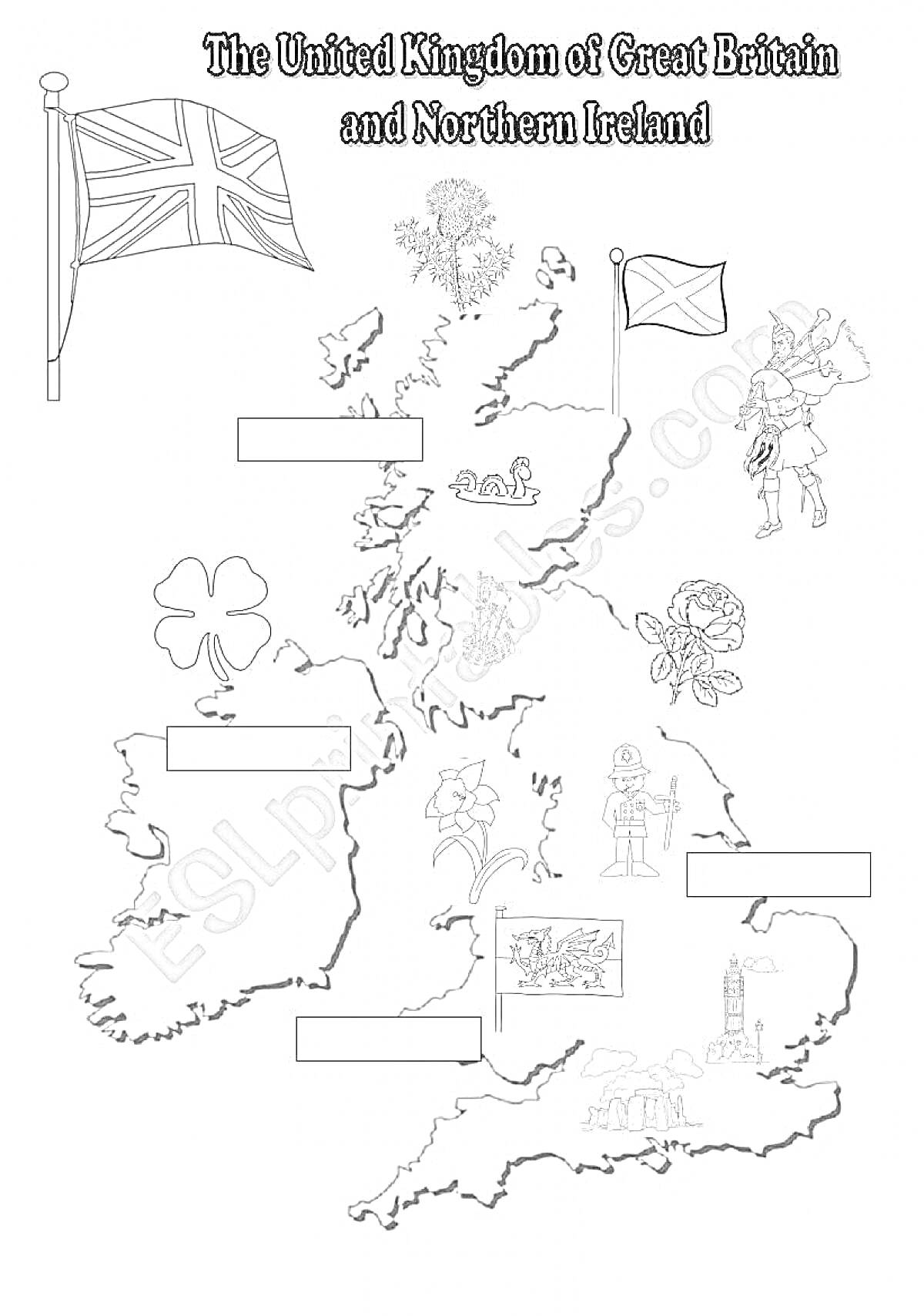 Раскраска Карта Великобритании с изображениями флага, лепрекона, замка, гвардейца, башни Биг-Бен, трилистника, розы и дракона