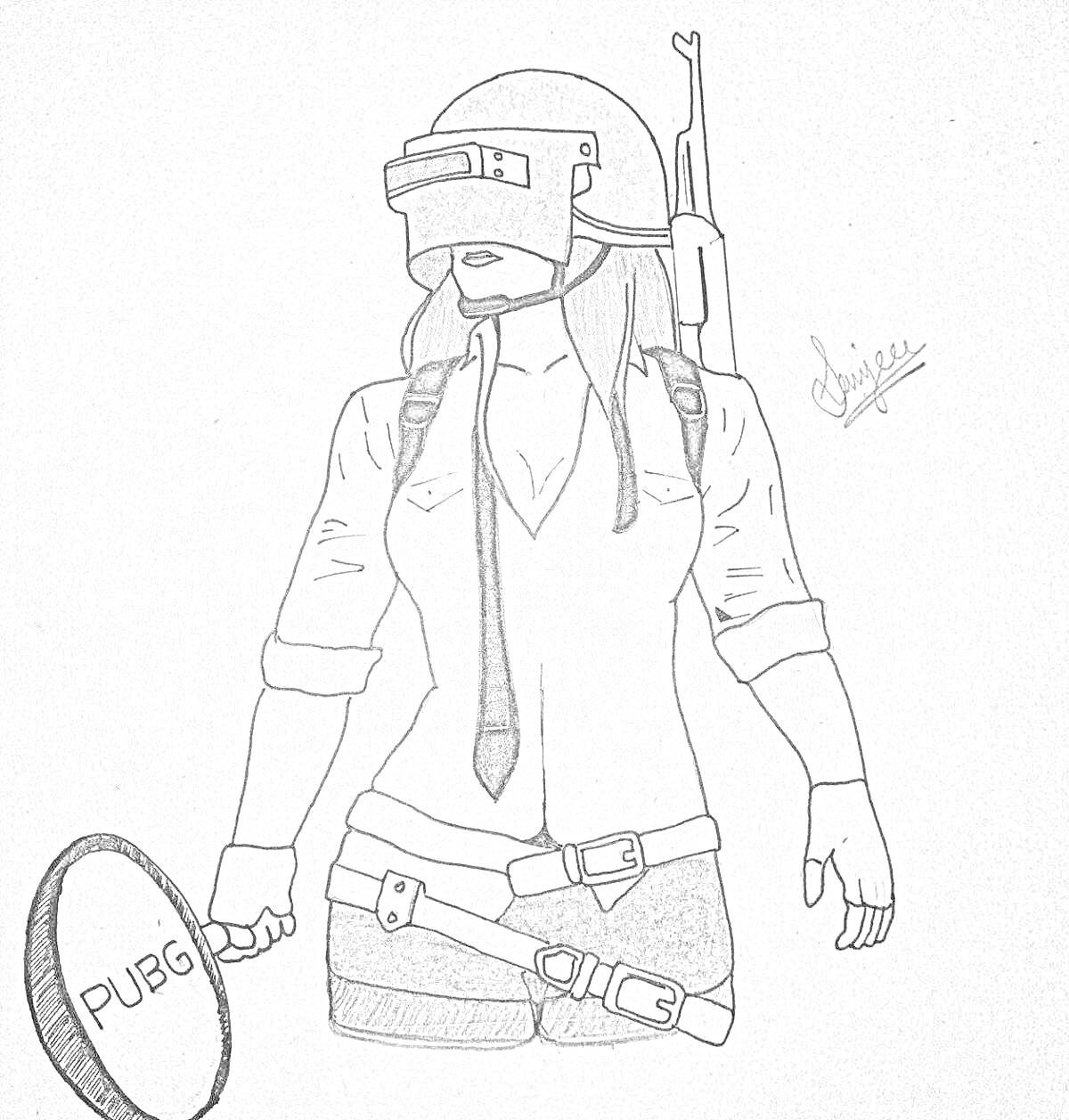 РаскраскаЧеловек в шлеме и сковородкой из PUBG, штурмовая винтовка за спиной, бронежилет и патронташ на поясе