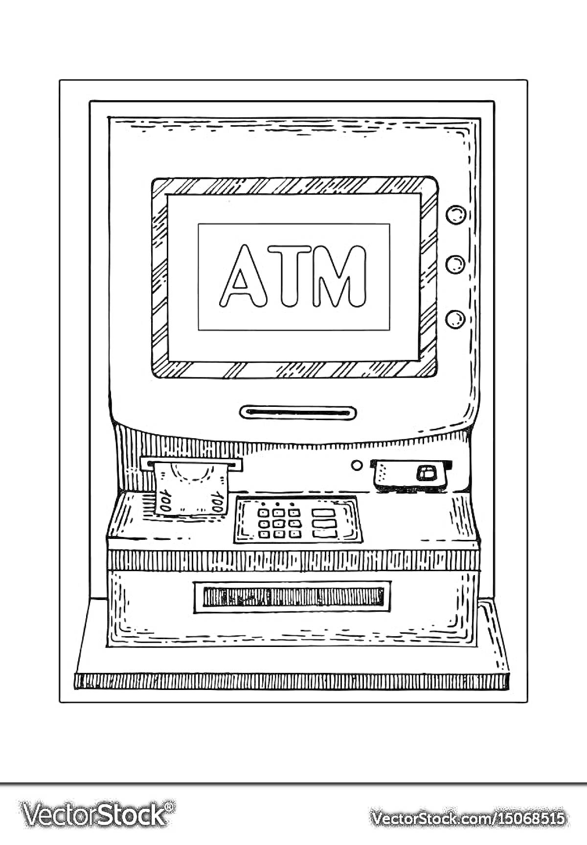 Раскраска Банкомат с экраном, надписью 