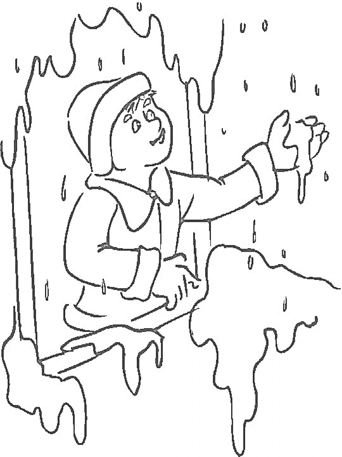 Раскраска Ребенок в зимней одежде тянет руку к падающему снегу из окна