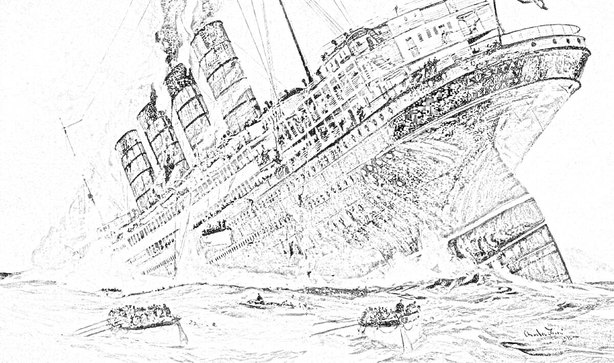 На раскраске изображено: Лузитания, Лайнер, Корабль, Спасательные шлюпки, Море, Дым, Иллюстрация