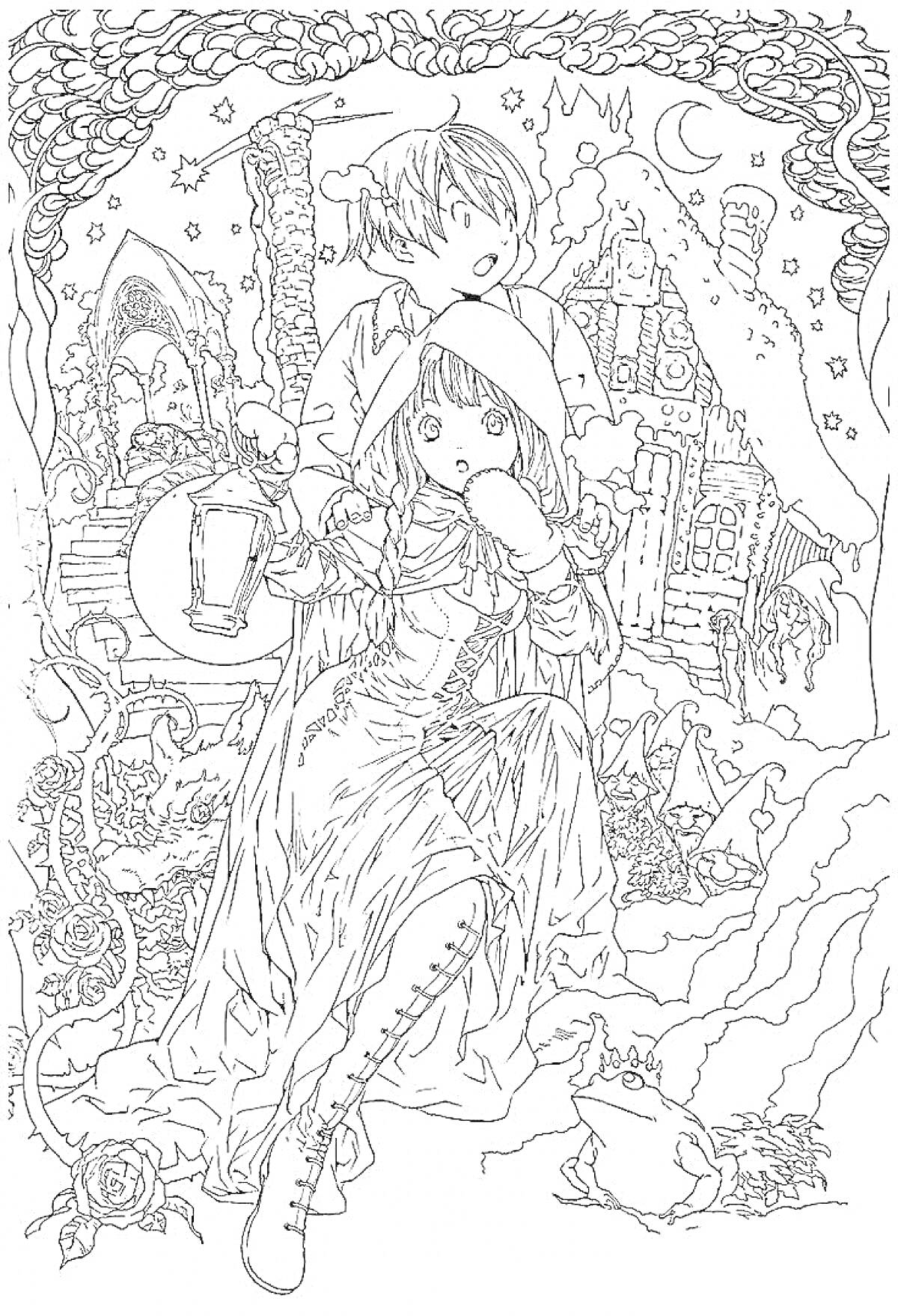 Раскраска Двое персонажей с фонарём на фоне замка, луны, звёзд и арочных ворот с виноградной лозой