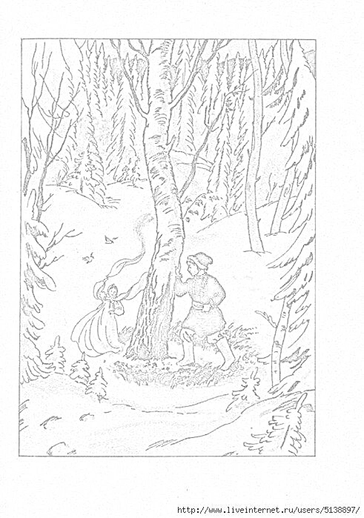Раскраска Огневушка-поскакушка у дерева и человек в лесу зимой