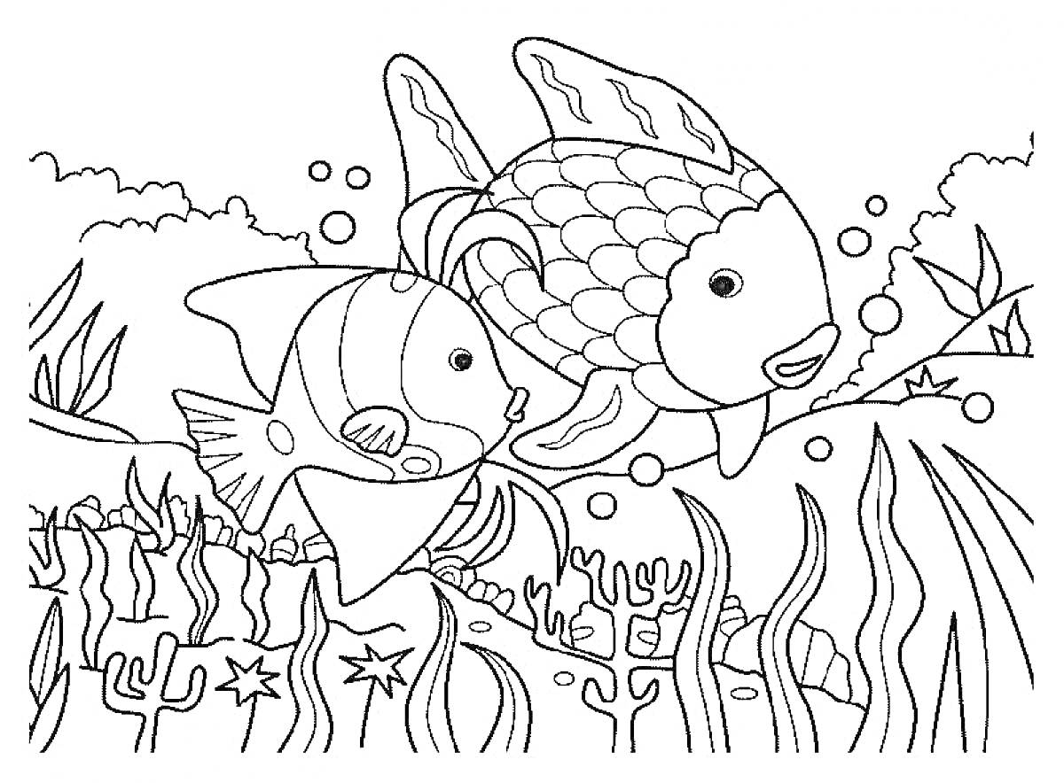 На раскраске изображено: Подводный мир, Водоросли, Кораллы, Пузыри, Море, Морские растения, Рыба, Океаны