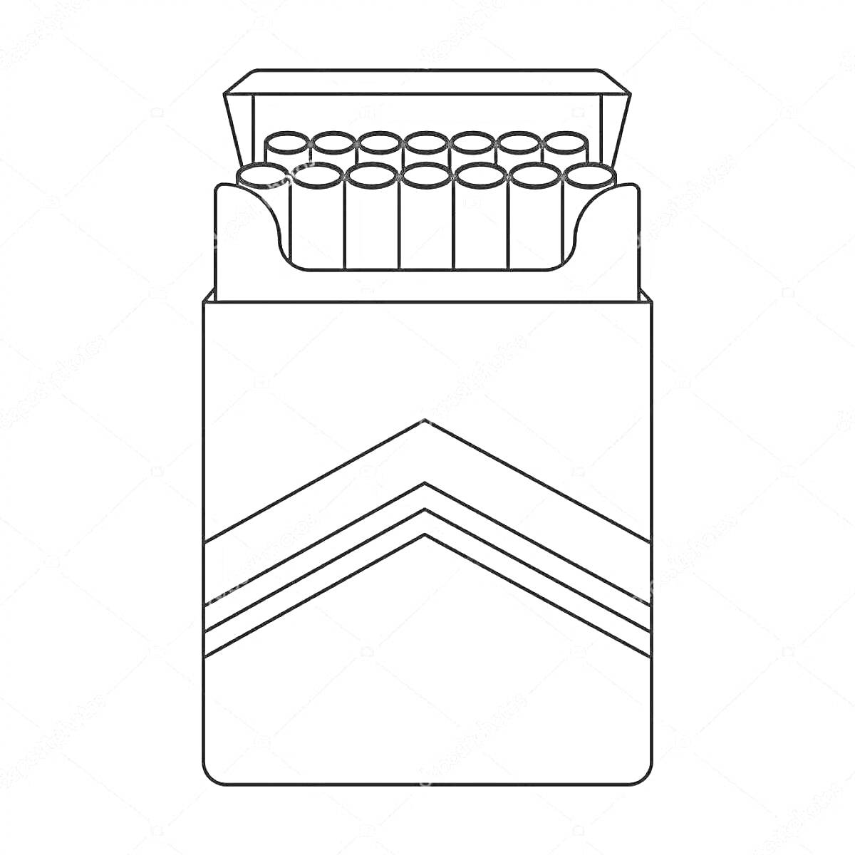 Раскраска Открытая пачка сигарет с выдвинутыми сигаретами и узором из двух полос