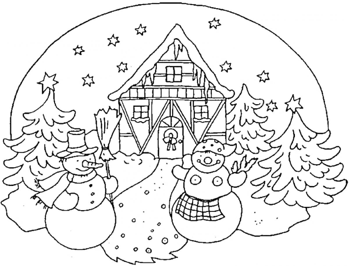 Раскраска Зимний домик с двумя снеговиками, ёлками и звёздами на небе