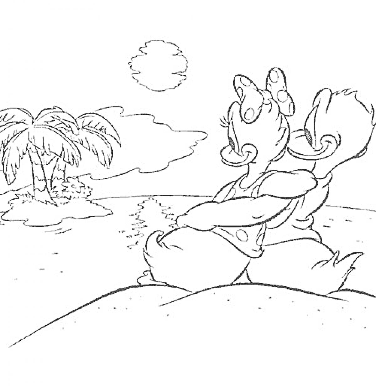 Дейзи Дак и Дональд Дак на пляже, сидят на песке, смотрят на закат, рядом пальмы, море и облака