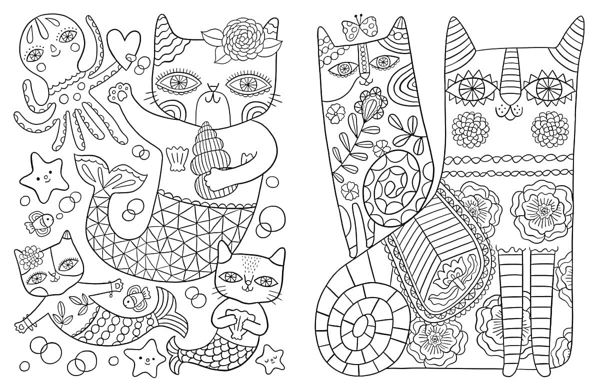 Раскраска Русалки-коты, осьминог, морские звезды и цветочные коты