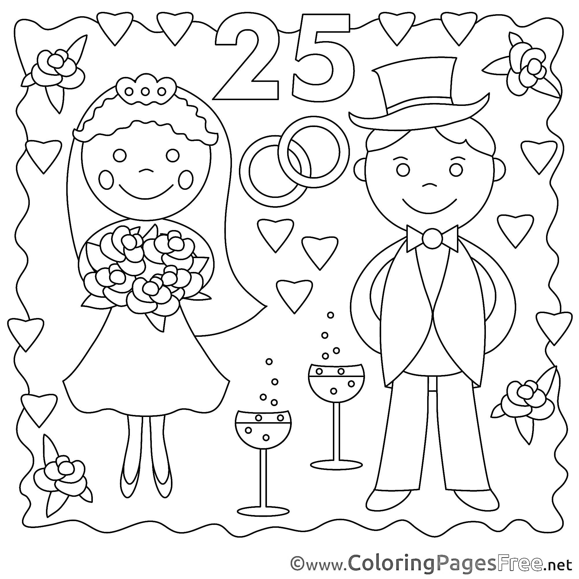 На раскраске изображено: Свадьба, Юбилей, Жених, Невеста, Цветы