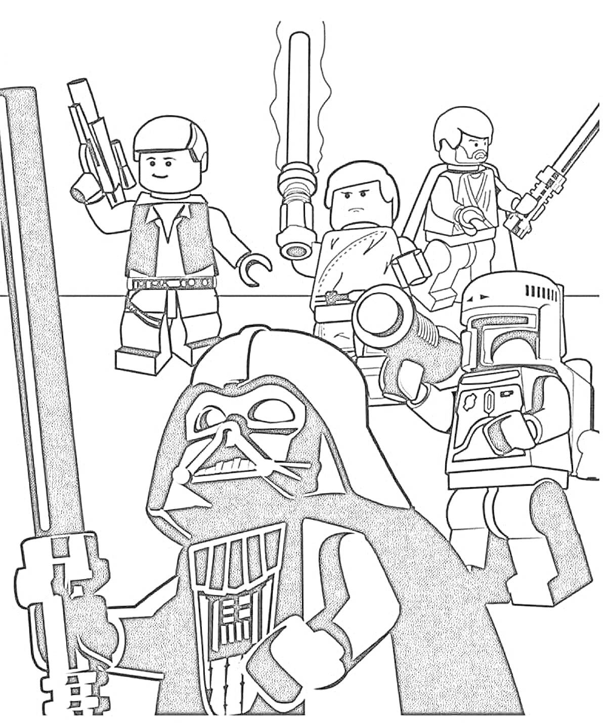 На раскраске изображено: Лего, Звездные Войны, Бластер, Персонаж, Фигуры