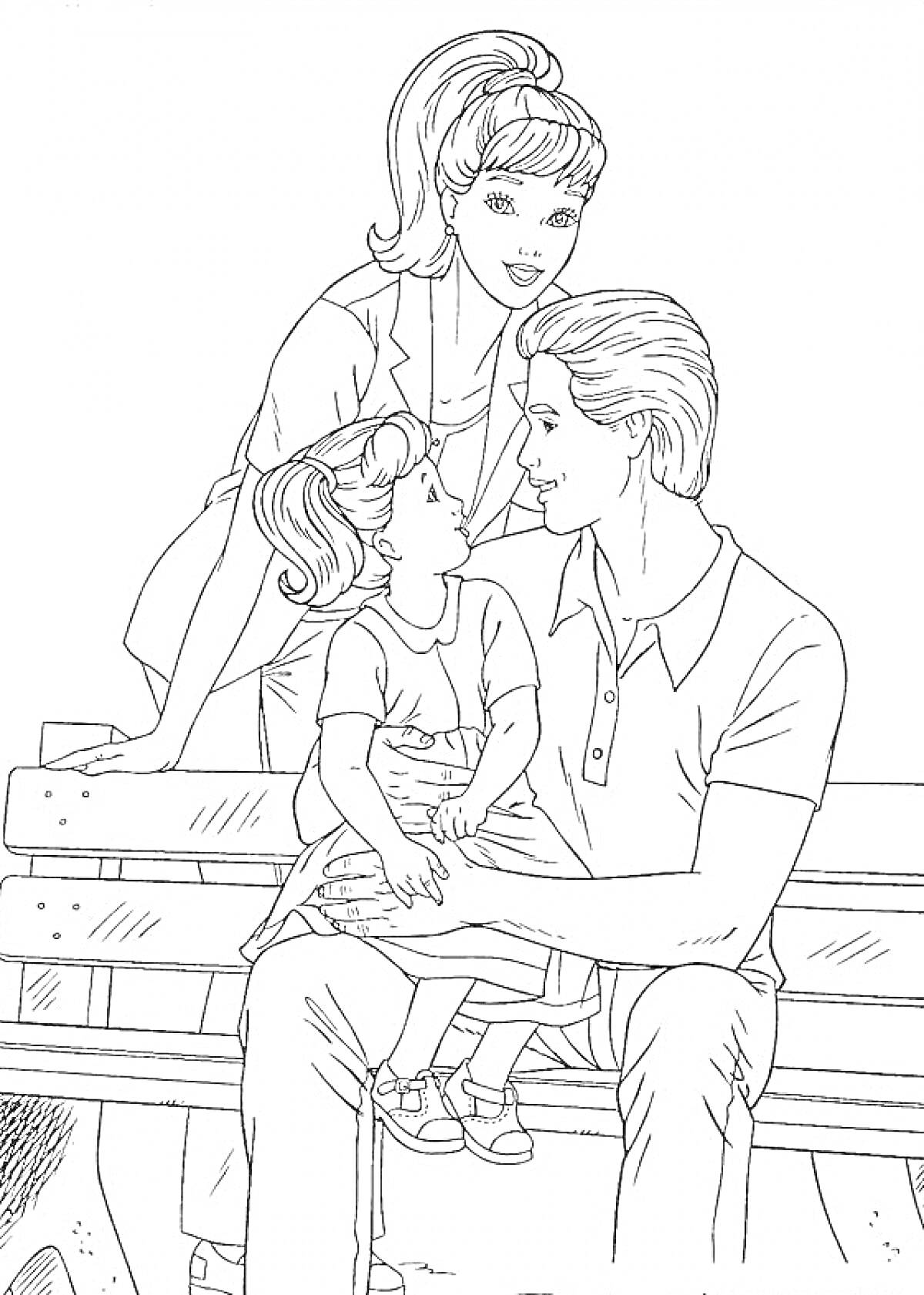 Раскраска Мать, отец и дочь на скамейке в парке