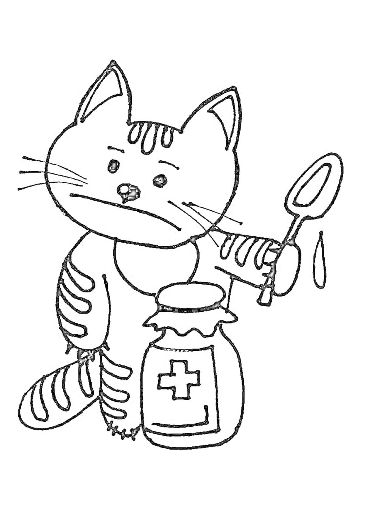 На раскраске изображено: Кот, Военный, Ложка, Лекарство, Медик, Медицина
