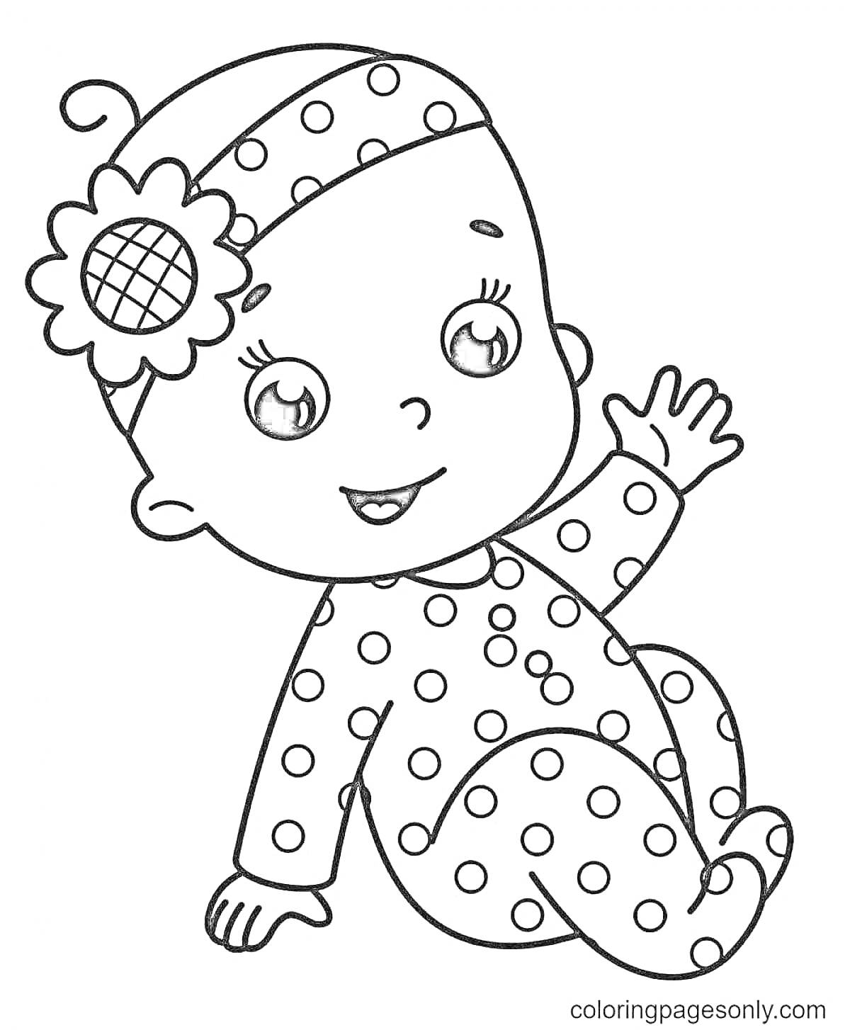 Раскраска Малыш в комбинезоне и повязке с цветком на голове, сидящий и машущий рукой