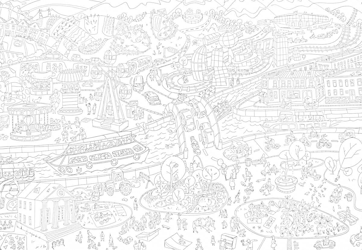 Раскраска Большой городской пейзаж с многочисленными зданиями, реками, мостами, кораблями, воздушным шаром и людьми на открытых площадках и горных склонах.