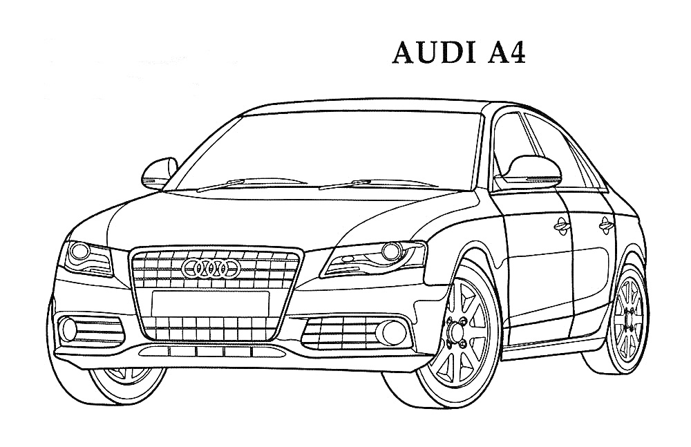 Audi A4. Фронтальный вид автомобиля с видимыми колесами, боковым зеркалом и радиаторной решеткой