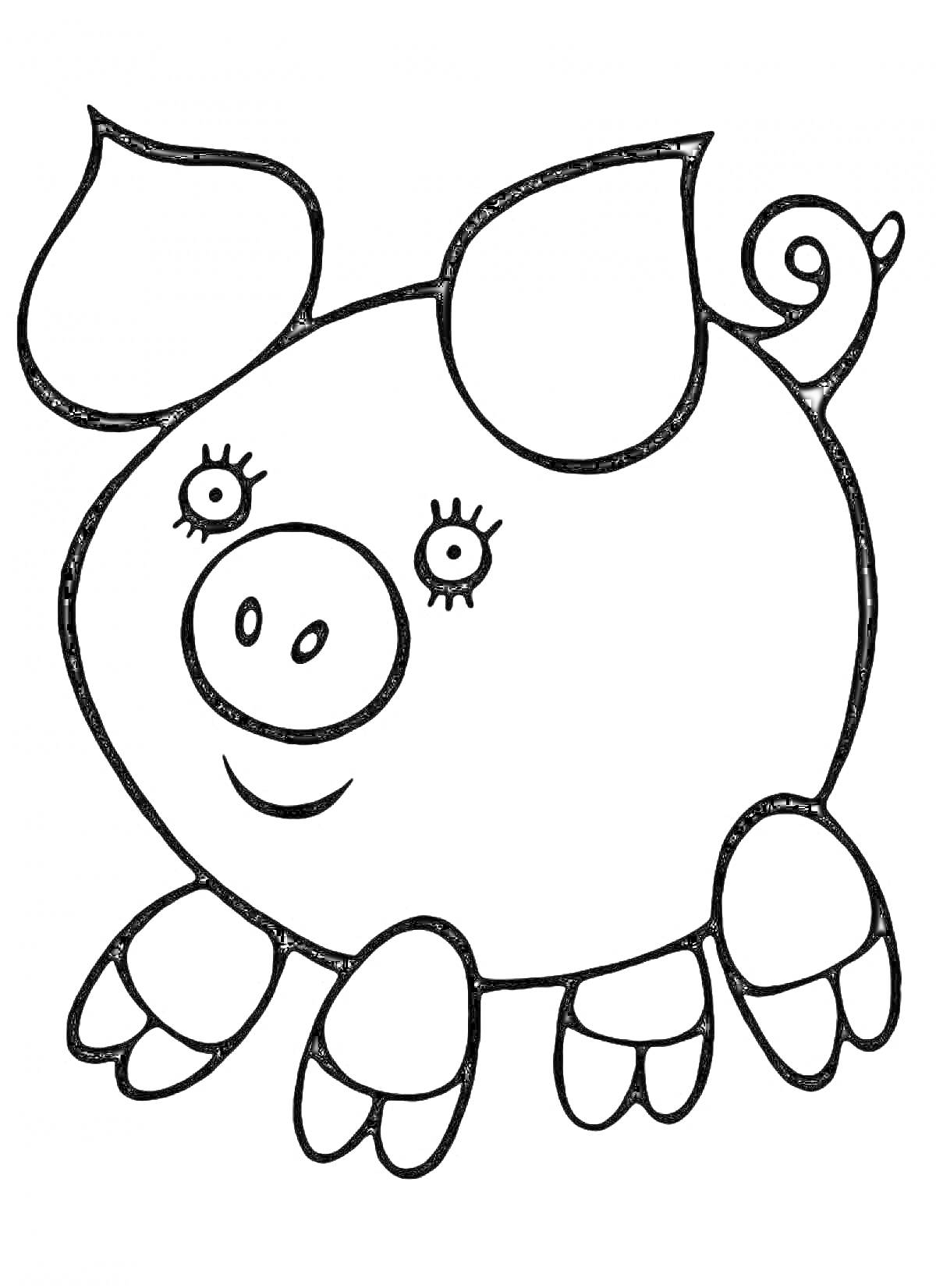 Раскраска Свинка с ресничками и хвостиком-крючком