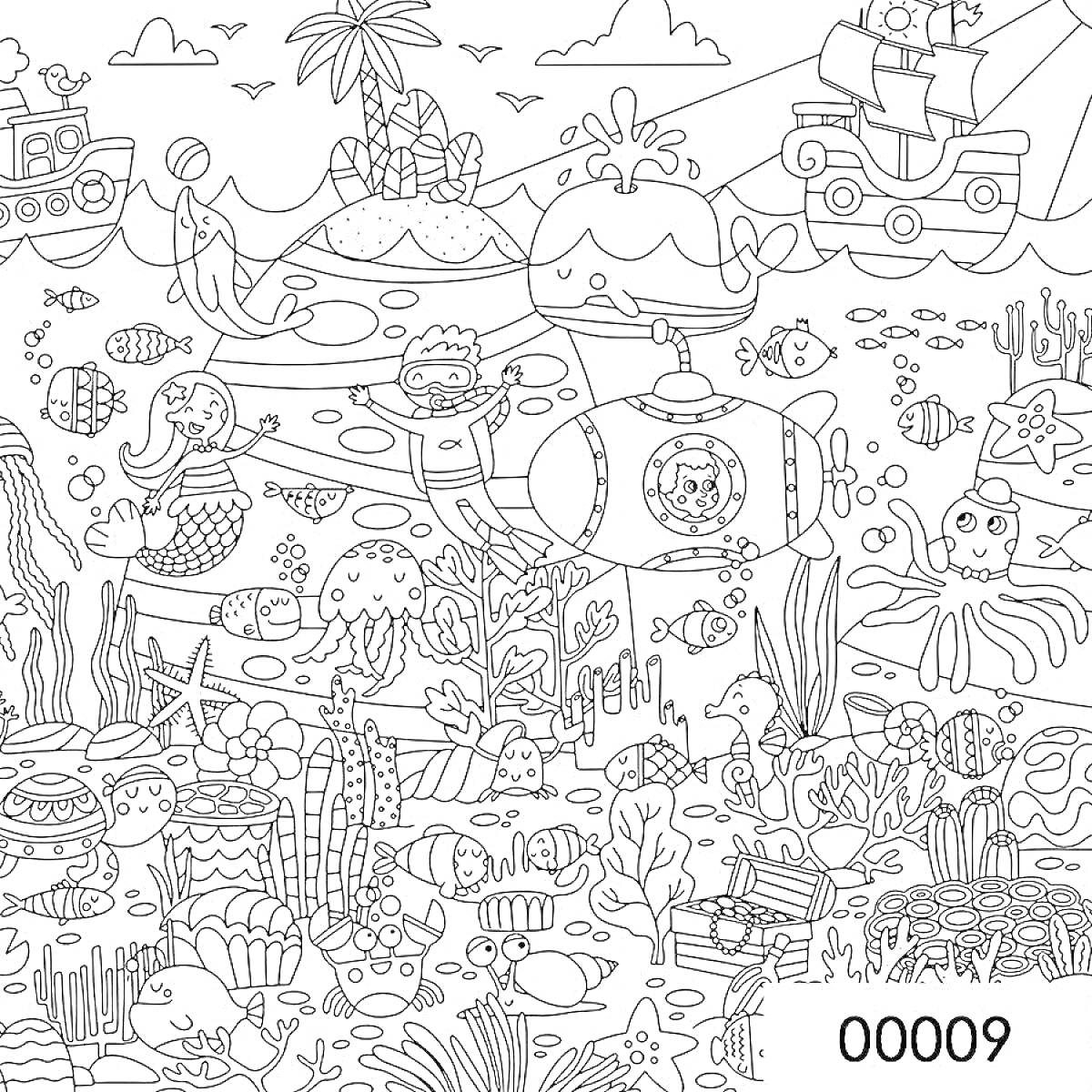 На раскраске изображено: Подводная лодка, Море, Водоросли, Подводный мир, Корабль, Русалка, Океаны, Осьминоги, Рыба