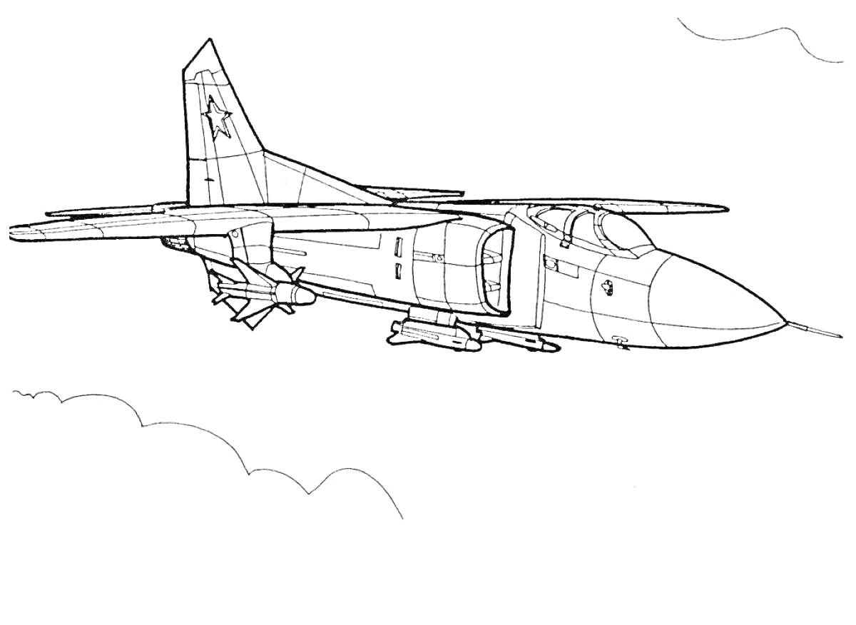 На раскраске изображено: Полет, Облака, Небо, Авиация, Военный, Самолеты