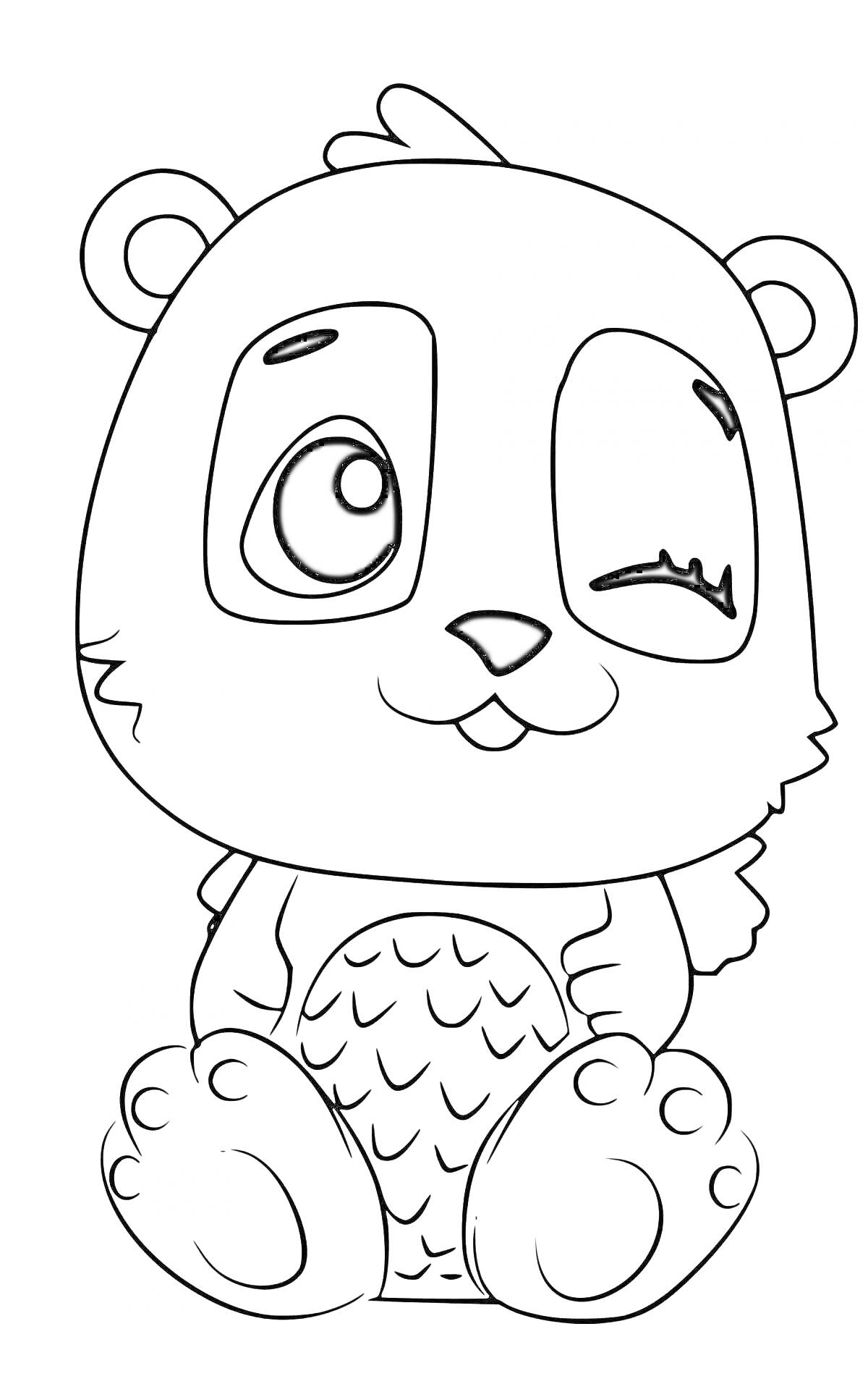 Раскраска Хомяк с подмигивающим глазом, сидящий с вытянутыми лапами и лапками с когтями