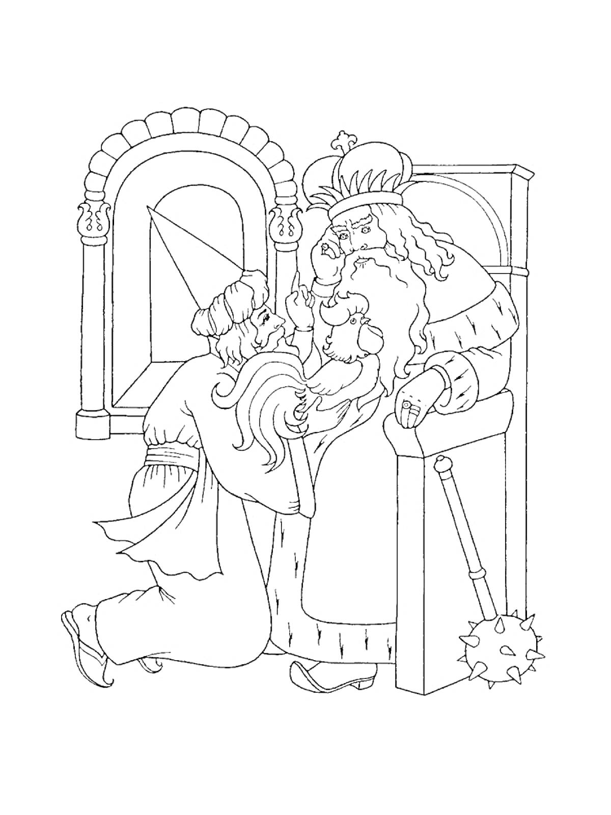 Король на троне, человек в плаще с золотым петушком на руках, окно и дверной проем на заднем плане