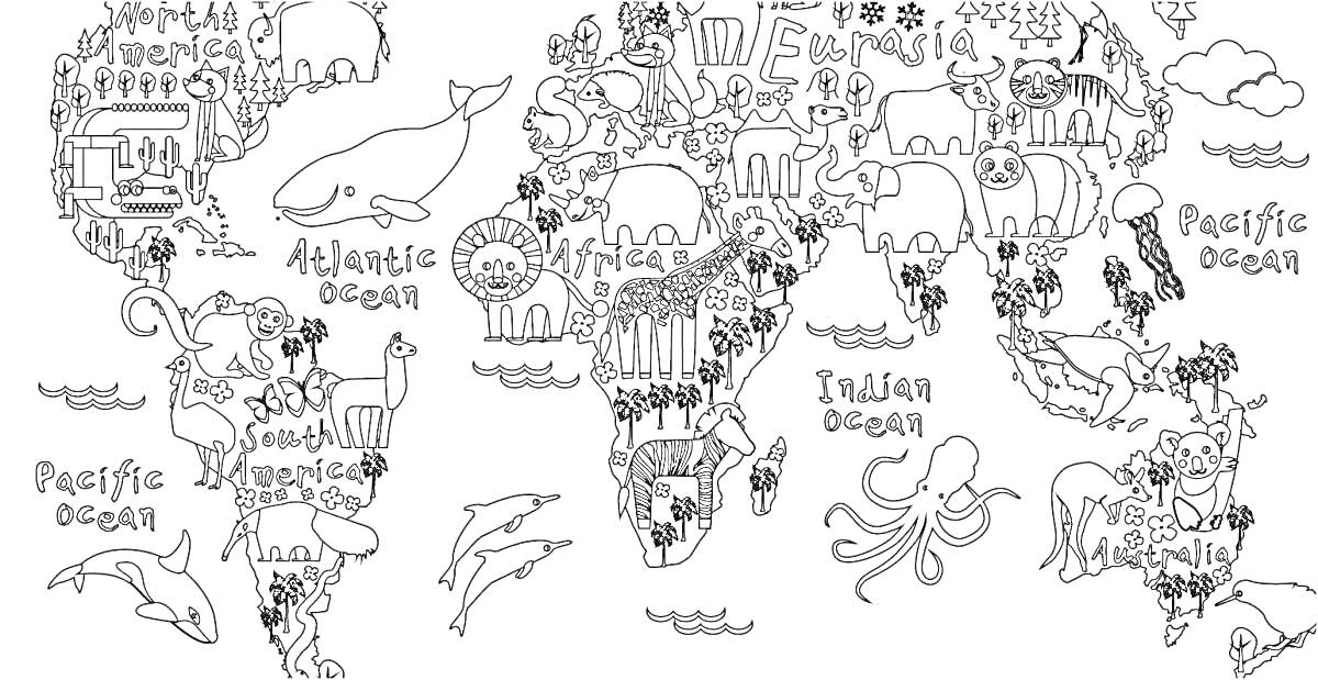 На раскраске изображено: Карта, Мир, Континенты, Океаны, Киты, Дельфины, География, Зоопарк, Для детей, Животные, Осьминоги