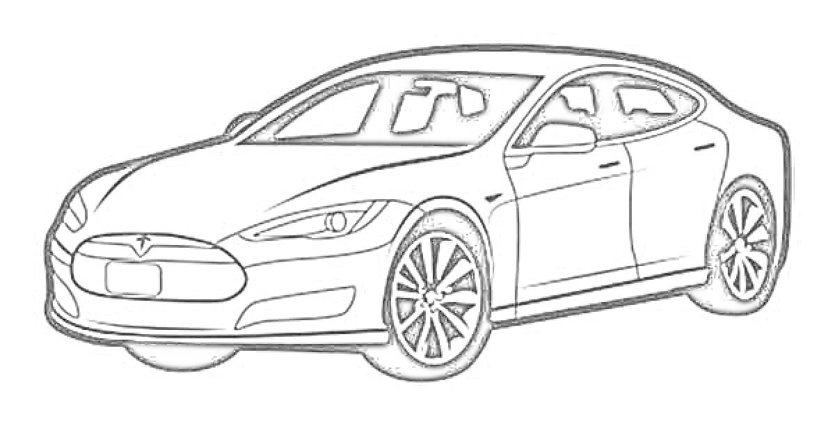 На раскраске изображено: Tesla, Электромобиль, Транспорт, Седан, Авто